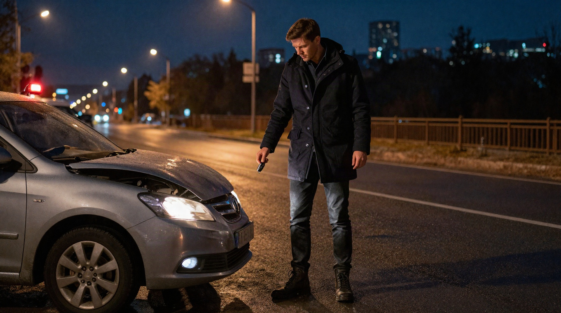 Водитель с ключами в руках стоит рядом с поврежденным автомобилем на мокрой ночной дороге, горят аварийные огни